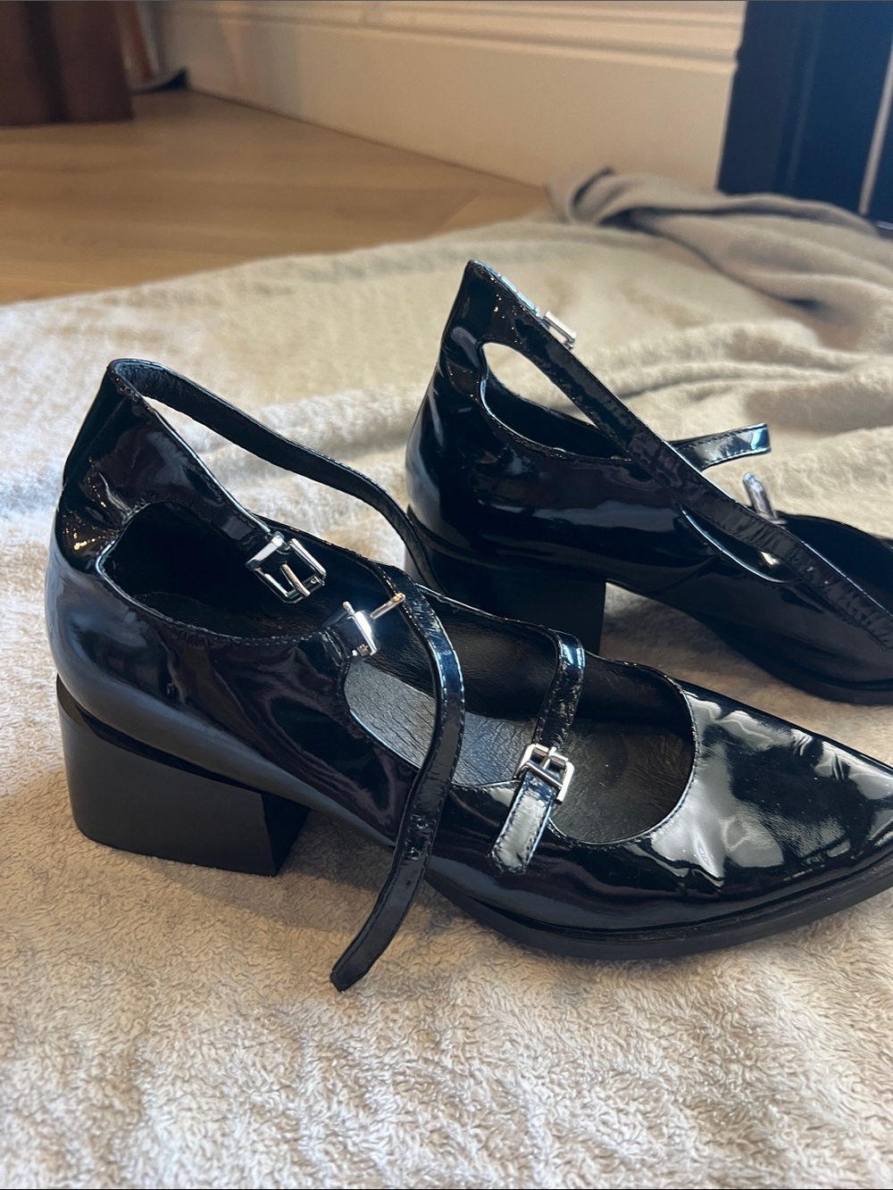 Patent Black Mary Jane Block Heel Pumps with Double Straps
